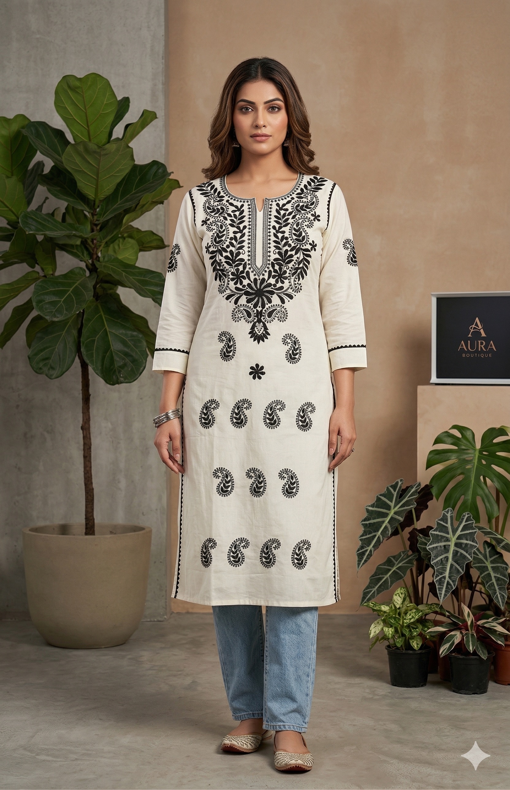 Ivory Chikankari Kurti – Black Paisley Embroidery