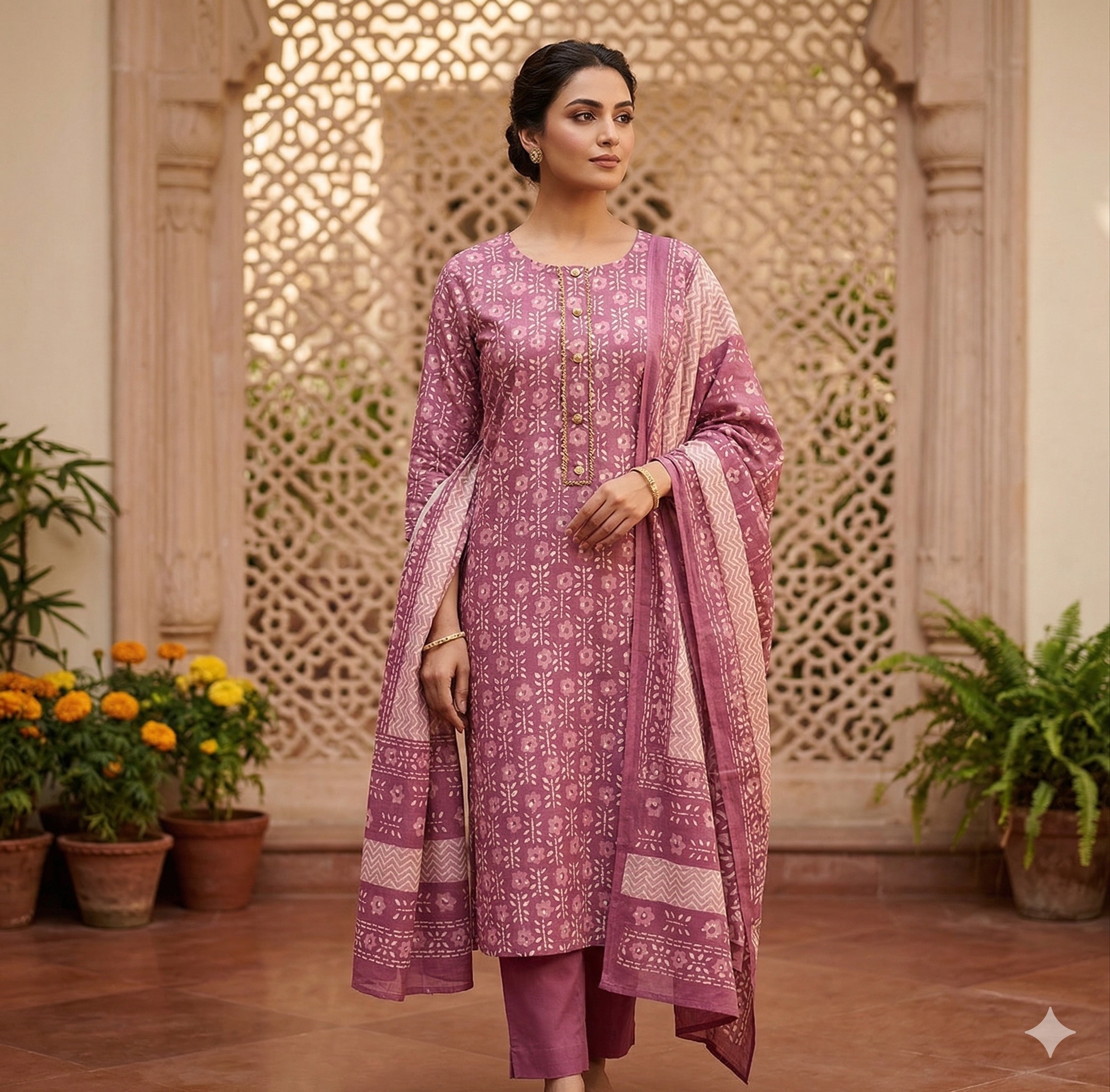 Mauve Block Print Cotton Suit Set with Dupatta