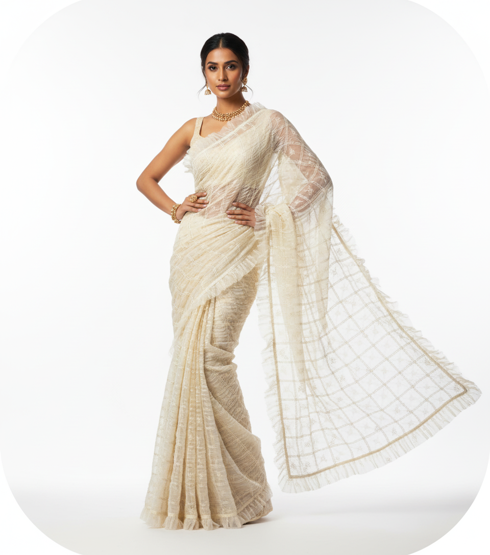 Ruched Organza Sheer — Cream Textured