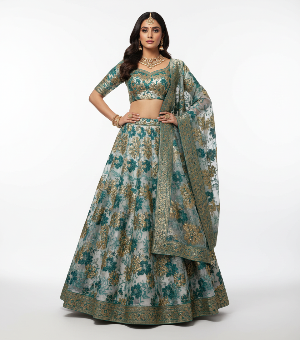 Metallic Floral Brocade — Teal & Gold